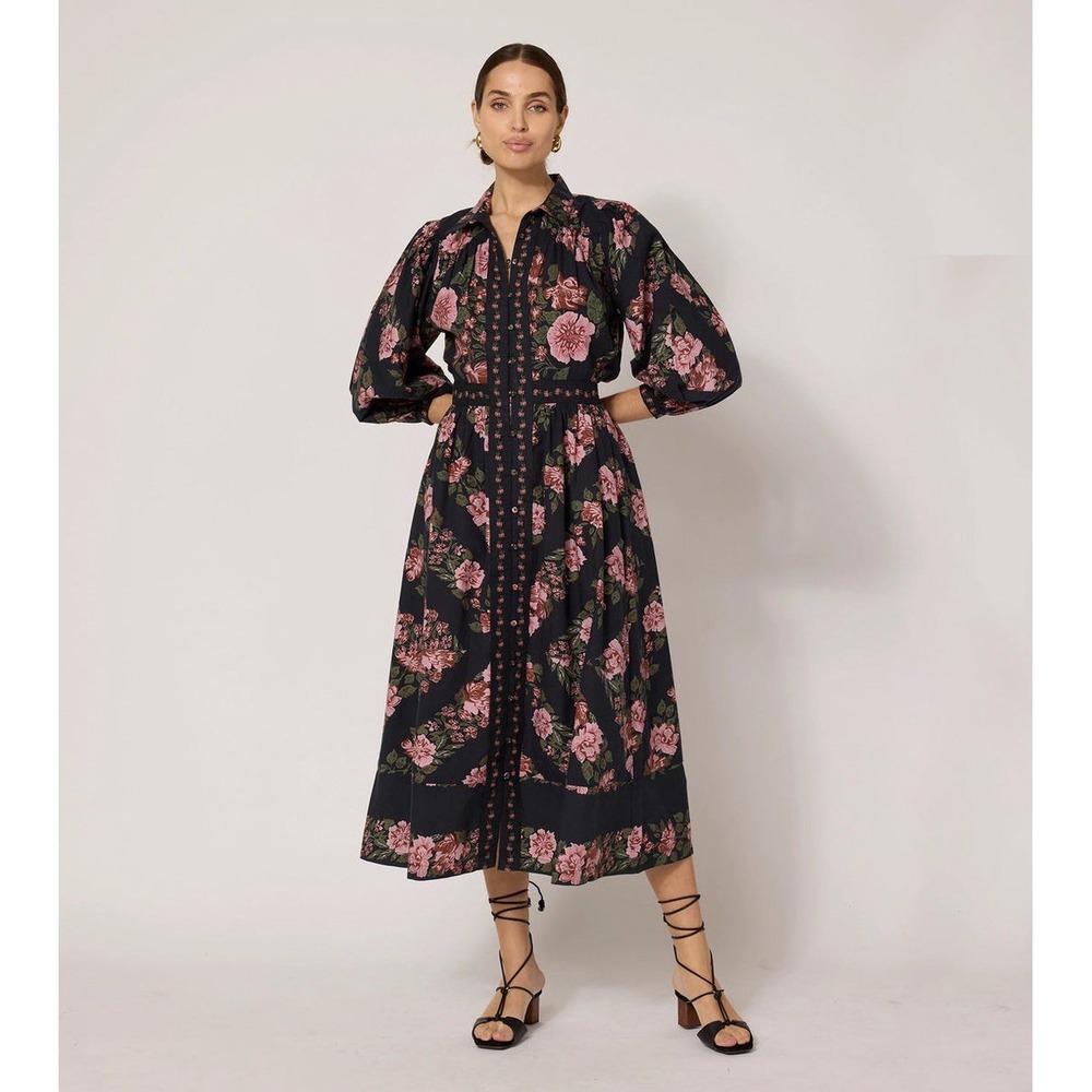 Cleobella Gillian Black Floral Collared Button Front Midi Dress in Med Fall Pics